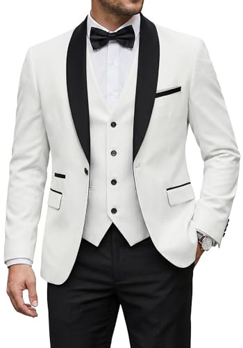 YND Men's 3 Piece Tuxedo Set One Button Shawl Collar Solid Jacket Vest Pants with Bow Tie, Black Collar White, M