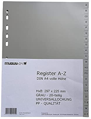 5x mybuy-24 Register A4 A-Z, 20-teilig, volle Höhe, Universallochung PP Kunststoff grau 225 x 297mm Trennblätter Buchstaben A - Z, 5er Sparpack