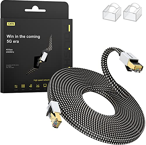 Cat8 Ethernet Cable 8M, High Speed Gigabit Nylon Braided Lan Network Cat8 Patch Cord, 40Gbps 2000Mhz RJ45 Flat Cable Shielded, Indoor&Outdoor for Modem/Router/switch, Faster than Cat5e/Cat6/Cat7
