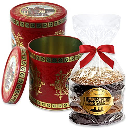Weihnachtsdose Rot gefüllt - 5 Elisenlebkuchen gemischt 400g - Geschenke Dose für Weihnachten Keksdose Plätzchendose Lebkuchendose Geschenkdose Lebkuchenwelt