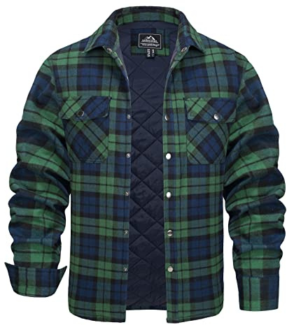 KEFITEVD Flannel Shirt Mens Thermal Lumberjack Shirt Warm Quilted Lined Jacket Winter Checked Button Down Shacket Green,3XL