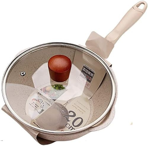 Poêle à frire en pierre Maifan beige avec couvercle - Poêle à frire et wok de style japonais - Petit wok à induction - Réchaud à gaz - Général (taille : 23,9 cm de long x 8,4 cm de haut)