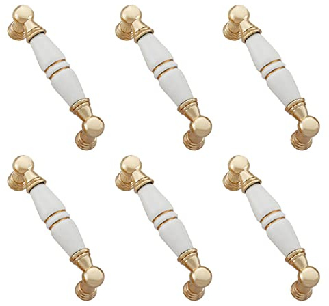 TopHomer 6 STÜCKE Schrankbeschläge Griffe, Zinklegierung, weiße Keramik, Schrankgriff, Schrank, Schublade, Küchentürgriffe (Lochabstand: 128 mm)