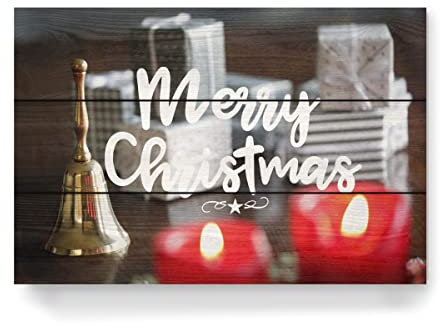 artboxONE Holzbild 45x30 cm Typografie Goldene Glocke, Frohe Weihnachten! von Künstler Wundertüte