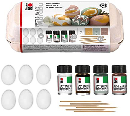 Marabu 1305000000099 - Easy Marble Set Pastel Glam Box zum Marmorieren und Färben, inkl. 6 Holzstäbchen und 6 Kunststoffeiern, 4 x 15 ml Pastellfarben