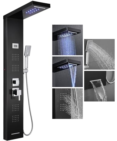 304 Edelstahl Duschsäule 5 Funktionen KEOKBON Badezimmer Duschturm System mit Wasserfall Regen Handbrause Körpermassagedüsen Badewannenauslauf LED-Licht Celsius Temperaturanzeige, Schwarz