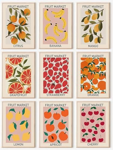 KBKBART Set of 9 Fruit Market Wall Art Prints Poster Kitchen Artwork 8x10in