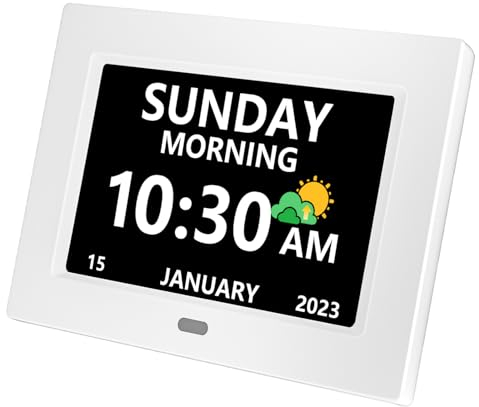 MRCHYDZ 7 Inch Clock with Day and Date for Elderly Large Display Digital Clocks 12 Alarm 3 Display Modes Large Font Alzheimer's Clock Alarm Clocks for Seniors Auto DST White