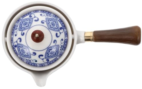 PACKOVE Chinese Ceramic Teapot Long Handle Tea Pot Rotation Tea Maker Porcelain Kung Fu Teapot with Wooden Handle