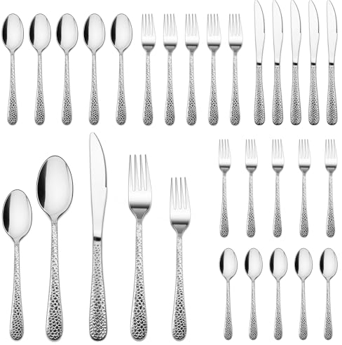 Joyfair Besteck Set 6 Personen, 30-teiliges Edelstahl Gehämmertes Besteckset mit Messer Gabel Löffel, Elegantes Essbesteck für Haus/Party/Restaurant, Hochglanzpoliert & Spülmaschinenfest