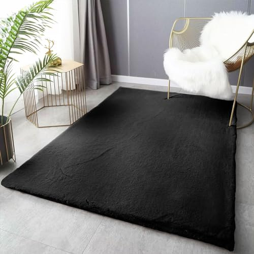 VIMODA Fellteppich Deluxe waschbar, sanfter Hochflor-Teppich einfarbig, kuschelig für Ihr Wohnzimmer oder Schlafzimmer,Farbe:Schwarz;Maße:80x150 cm
