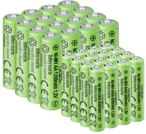 CICMOD Piles Rechargeables Ni-MH, Lot de 32 Batterie Rechargeable AA et AAA, 16Pcs AA 1200mAh et 16Pcs AAA 600mAh 1.2V pour Produits Solaires, électroniques Quotidiens
