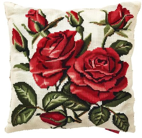 Lfynior Stickset für Kreuzstichkissen Rose Stickkissen zum Selbersticken 45X45cm Stickpackung Stickset Kreuzstich Kissen zum Basteln Stickkissen Stickpackung mit Vorgedruckt Kreuzstichmotiv