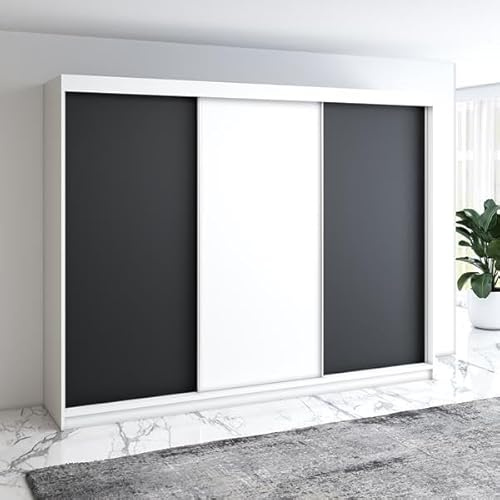A&J MöbelLand Mero Schwebetürenschrank 200 cm, Kleiderschrank 3-türig mit 4 Schubladen (Weiß/Schwarz)