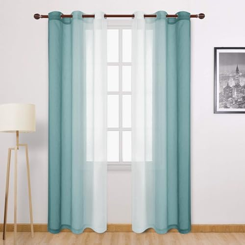 DWCN Ombre Sheer Curtains - 84 inches Long Faux Linen Gradient Semi Voile Curtains for Bedroom and Living Room, Set of 2 Grommet Top Window Curtain Panels, 42 x 84 Inches Long, Peacock Blue