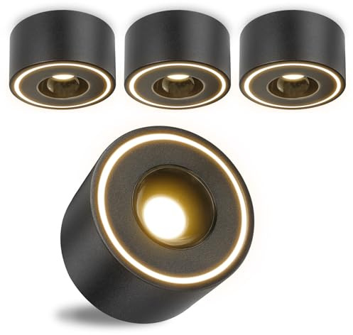 URing 4 stycken LED-spotlights svart – extra platt – Ø 97 x 55 mm – bygglampa LED 8 W 1680 lm – 3 000 K varm vit – runda spotlights 230 V, takspotlights av aluminium, ytmonterad takstrålkastare