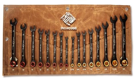 ironcube Ratcheting Wrench Set 16 Piece - Metric and Standard - Black Combination Ratchet Wrenches - Including Wax Canva Bag - LIFETIME SUPPORT