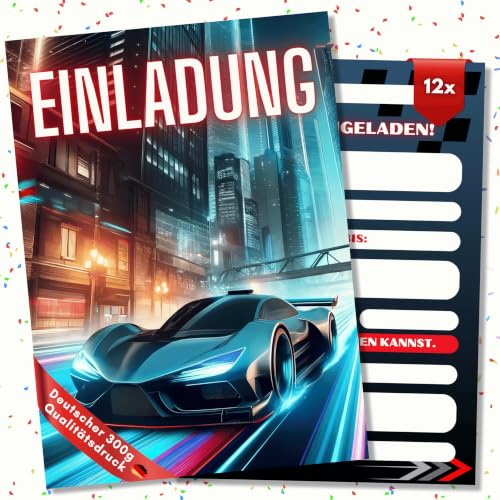 HIDEBLOOM Racing Einladungskarten Kindergeburtstag Junge - 12 Stück - DIN A6 (10,5 cm x 14,8 cm) - Einladung Geburtstag Rennauto - Geburtstagseinladungen Jungen - Einladung Rennwagen