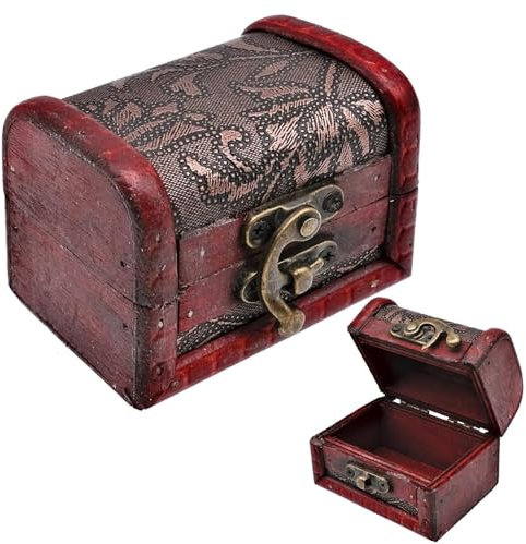 BLLREMIPSUR 2pcs Mini Wooden Treasure Chests, Mini Pirate Treasure Storage Box with Lid Vintage Wooden Jewellery Box for Girls Ladies Women Home Decoration