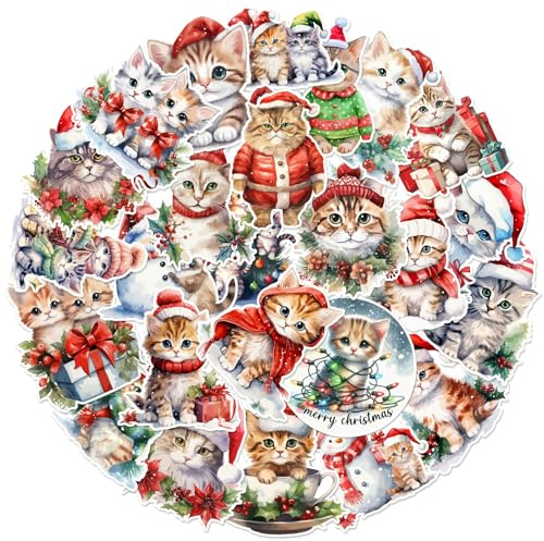 Serencatcher Christmas Stickers for Scrapbooking, 100Pcs Cute Cat Christmas Stickers Waterproof for Xmas Winter Holiday Birthday Party Favors for Laptop Water Bottles Skateboard Luggage Phone