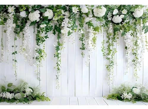 Ttincceer Weiße Blume Hochzeit Fotografie Hintergrund 3x2m Retro Weiße Planke mit grünen Blättern Floral Braut Dusche Hintergrund Baby Mädchen Geburtstag Party Portrait Kuchen Tisch Dekor