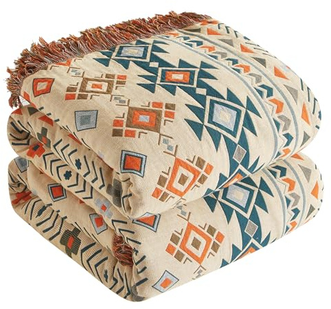 SESoftexly boho-filt 100 % bomull – dubbelsidigt muslinöverkast 150 x 200 cm, mysig sofföverdrag och överkast, estetisk design, perfekt för vardagsrum och sovrum, beige/brun