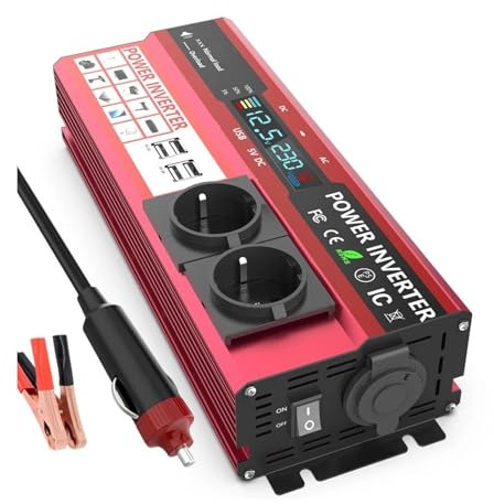 XRUKGUO Inversor Onda Pura 12 V A 220 V 4000 W Pantalla LCD Enchufe Europeo Inversor Solar Carga Rpida USB Dual para Telefonos Porttiles Y Automviles Convertidor (4000W) - 1 Unid, Negro