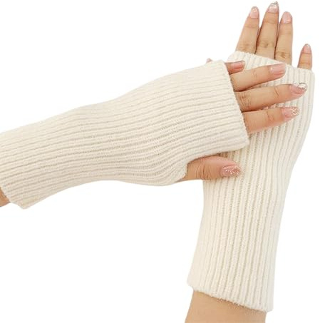 Balakaka 2026 Neu Fingerlose Handschuhe mit Daumenloch 19×8cm, Eingedickte Handschuhe Winter Pulswärmer Armstulpen, Winter Gestrickte Armstulpen Damen Thermo Dehnbar, Beige