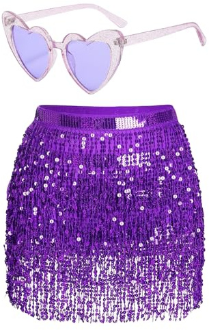 Damer paljetter kjol tofs glitterkjol höft paljetter rave kjolar glas set franskjol för dans klubb halloween kostym, lila, one size
