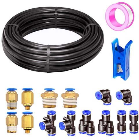 HAXIHA 10 Metros Manguera Neumática 8mm OD/5 mm ID, Negro Tubo Aire Comprimido Poliuretano PU Manguera de Aire Tubo Kit,Conexión Rápida de Tuberías de Aire 32.8ft con 14Pcs Guarniciones Neumaticas