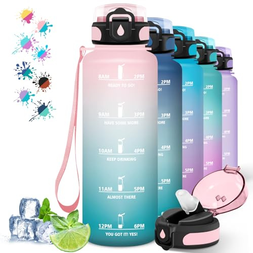 Trinkflasche, 1,5-Liter-Wasserflasche, Sportflasche mit Zeitmarkierung und Strohhalm, ideal für Yoga, Camping und Wandern