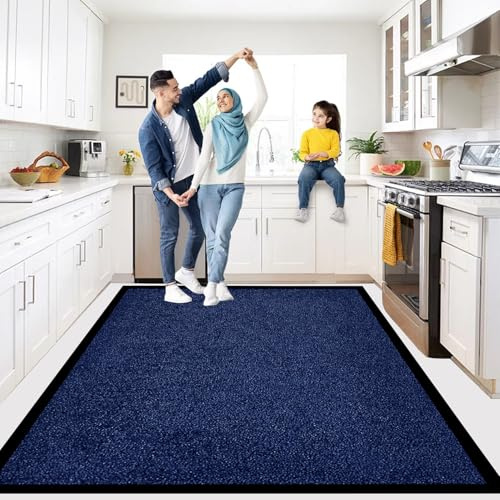 B&B Plain Twist Rubber Area Rug Outdoor and Indoor Use - Heavy Duty Waterproof PVC Non Slip Backing Dirt Trapper Kitchen Carpet Floor Rug for Laundry Area (120x150cm, Navy Blue)