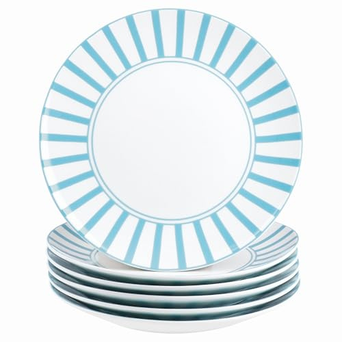 MamboCat Split Lot de 6 assiettes à gâteau turquoise I Assiettes à petit-déjeuner en porcelaine blanche avec rayures pour 6 personnes I Petites assiettes pour salade, dessert, amuse-bouches, etc.