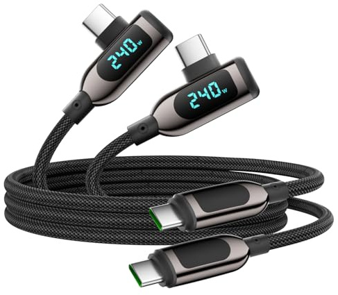 VisionSync Câble USB C vers USB C 240W Angle Droit, 4ft, Lot de 2, Noir | Câble de charge rapide Type C en nylon tressé écran LED pour iPhone 17/16 Pro Max, Samsung S26/S25 Ultra, MacBook, iPad