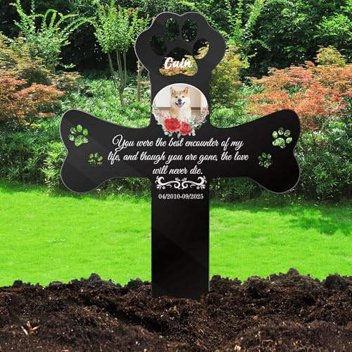FCLYDER Personalisiert Grabstecker für Haustier, Personalisiertes Tier Grabkreuz mit Foto Gravur, Personalisierte Grabdeko Hund Katze, Wetterfest für Tiergrab Grab