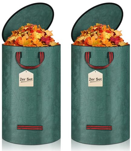 JAWELL Sacchi per Rifiuti da Giardino, 2 x 120L Sacchi da Giardinaggio con Coperchio, Sacchi per Raccogli Foglie da Giardino con Maniglie, Antistrappo, Idrorepellente, per Foglie, Rifiuti Verdi