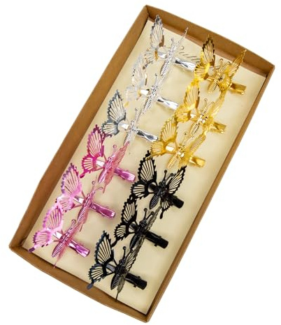 YCHTEWY 12 Stück bewegliche 3D-Schmetterlings-Haarspangen, Metall, goldfarben, bewegliche Flügel, Schmetterlings-Haarschmuck, Haarspangen für Damen und Mädchen (F Silber/Gold/Rosa/Schwarz)