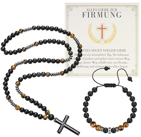 oumuik Set de regalo de confirmación para niños, pulsera de ojo de tigre + colgante de cruz, tarjeta de felicitación y tarjeta de regalo, para adolescentes/niños, confirmación, comunión, graduación