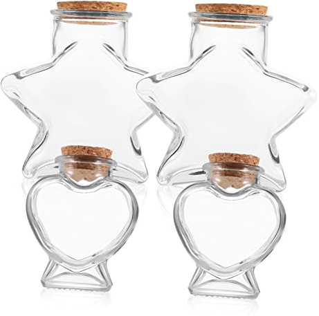 FIXOSHEE Glass Jars Storage Containers with Cork Lids 4 Pcs Heart and Star Shaped Decorative Wishing Bottles for Storage and Decorative Use