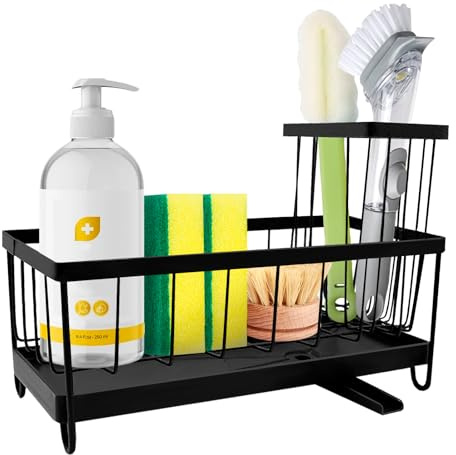 Zatix​bu Spülbecken Organizer Küchen, Edelstahl Küchen-Organizer mit Selbstentleerender Ablaufwanne for Schwammhalter, Schwarz Sink Caddy für Spülschwamm Bürsten Spültuch