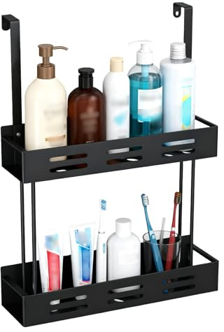 Pmueuff Duschablage zum Hängen Ohne Bohren, 2-Stöckiges Duschregal aus Edelstahl, Duschregal zum Hängen für Glasduschtüren, Duschkorb in 62cm, Schwarze Duschkorb mit 2 Saugnapf