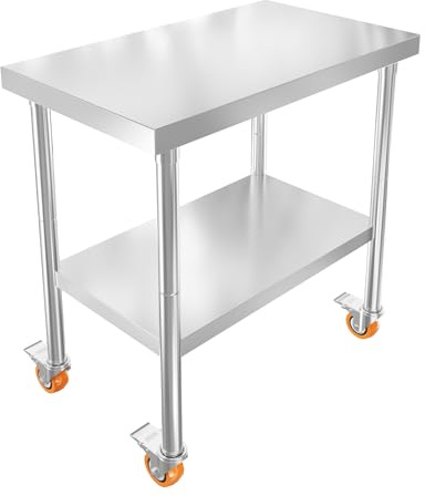FIVMEN Arbeitstisch Edelstahl 76x46x85 cm Catering Küchentisch mit Rollen Gastronomie Edelstahltisch Doppelschicht Zubereitungstisch für Küche Bar Restaurantar