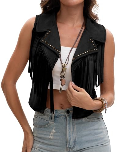 Adigau Gilet femme Gilet Hippie en Daim Synthétique Veste Vintage Sans Manches Vestes Courtes Élégantes à Franges Cardigan Cowgirl Western