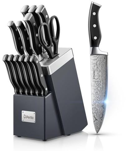 D.Perlla Kitchen Knife Set with Advanced Self-Sharpening Technology, 14-Piece Waved Texture Knife Set with Block, Stainless Steel Kitchen Knives, Razor-Sharp Knives and Full Tang Handle