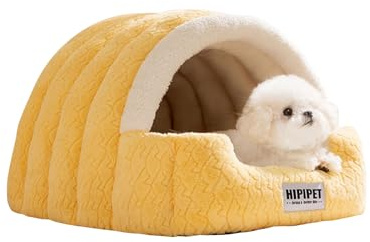 Galatée Hundebett, Weiches Katzenhöhlenbett Mit Abnehmbarem Kissen, Warmer Tierunterstand, Süßes Katzenhaus Mit Rutschfester Unterseite, Hundezelt Für Den Innenbereich(L, Gelb)