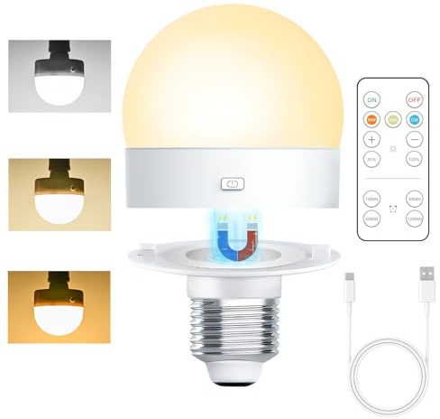 E27 Rechargeable Light Bulb with Remote, 3 Color Temperature, Magnetic Base | 5W Dimmable LED Light Bulb with Timer, Detachable Charging LED Bulb Battery Powered for Non Hardwired Lamps