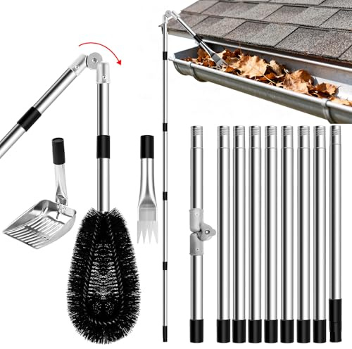 Gutter Cleaner 4m Extend Telescopic Roof Gutter Cleaning Tool Kit with 180° Swivel Head, Gutter Rake, Cleaning Shovel for Sweeping Leaves, Debris, Cobwebs from Roofs Without The Need for a Ladder