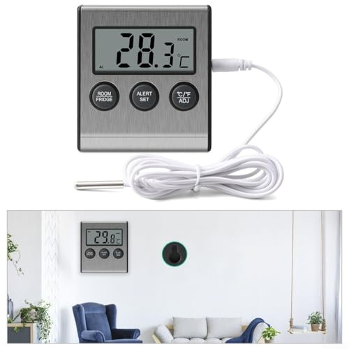 Monitor de temperatura del congelador, pantalla digital, sonda de acero inoxidable, termómetro digital para nevera con alarma para refrigerador y habitación interior y exterior
