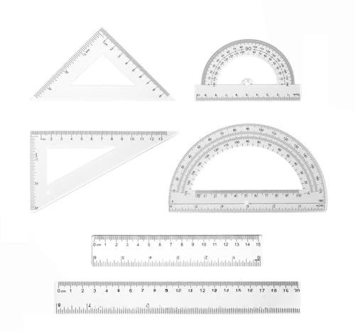 FACAIIO Set di 6 pezzi trasparenti per matematica, con goniometri, righelli triangolari e righelli dritti, studenti e artisti