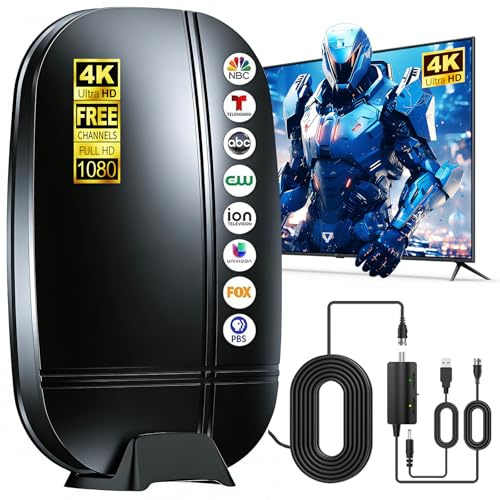 2026 Upgraded TV Antenna Indoor Outdoor,Digital Antenna for Smart TV Indoor,4K 1080P Free Local Channels, 3600+ Miles Range Digital HD TV Antenna with Signal Amplifier,Built-in Base Included